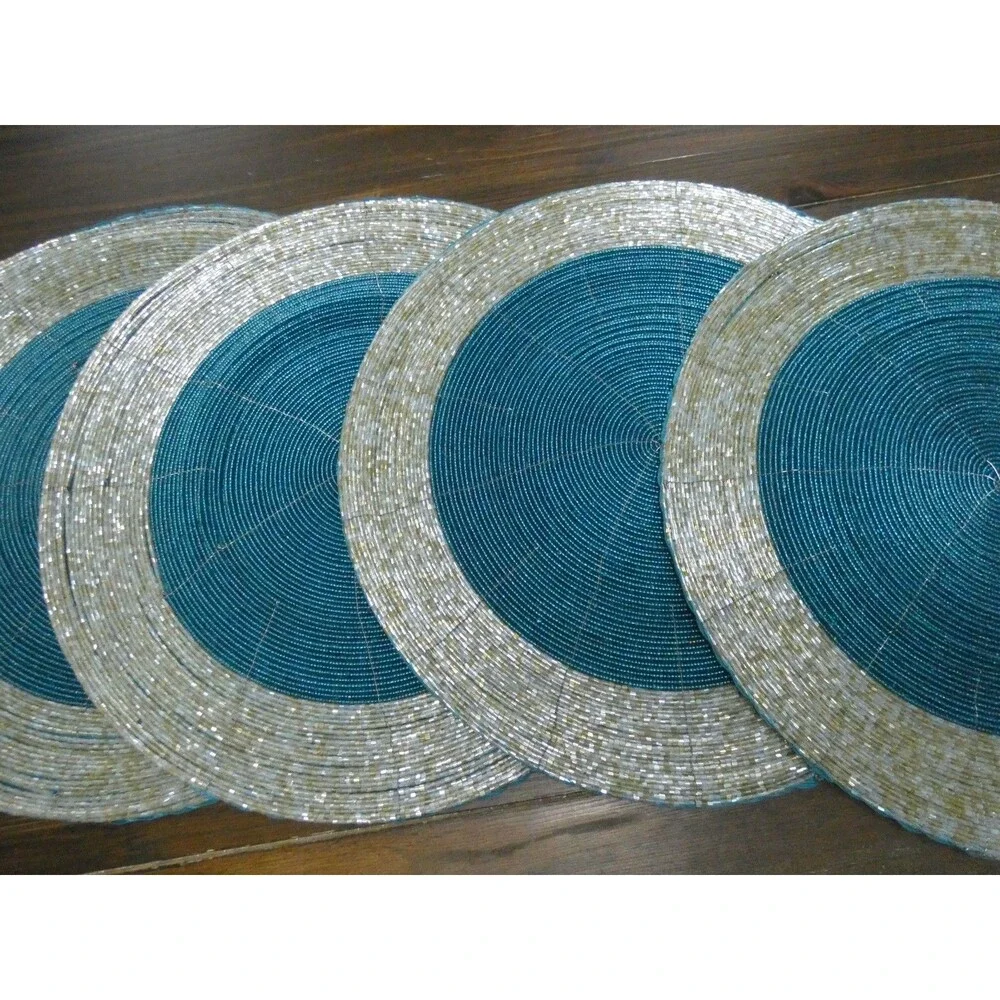 Handmade Heavily Beaded Charger Round Placemats Silver & Teal 13